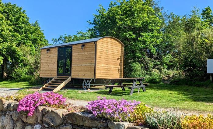 Shepherd Hut with picnic bench, trees and flowers